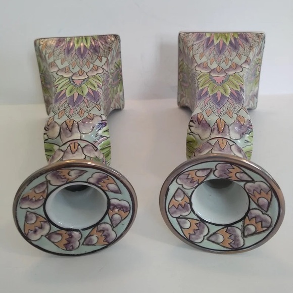 Vintage Chinoiserie Candle Holders Pastel Textured Boho Decor - Picture 4 of 8
